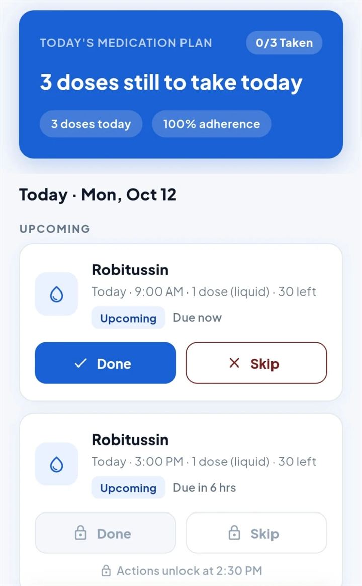 The HealthSync patient dashboard: today's medication plan with 3 doses still to take, a dose that is due now with Done and Skip buttons, and a later dose whose buttons unlock 30 minutes before it is due.